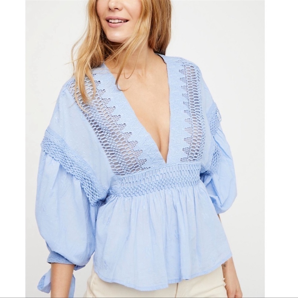 Free People Blue Drive You Mad Top Blouse Puff Sleeves Peplum Fit